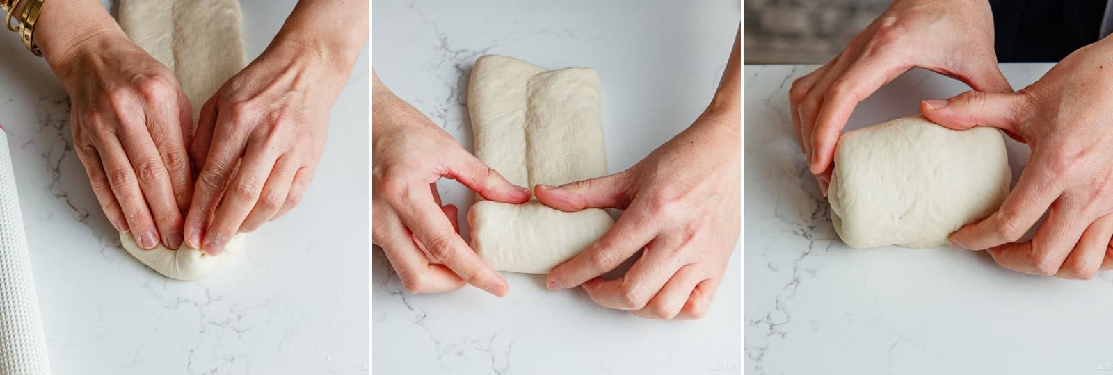 Fold the two upper corners down to meet at the center, forming a pointed tip. Starting from the tip, roll the dough slowly toward you, pulling gently to create a smooth, taut surface (but not too tight).Nami's Tip: Apply the same tension to each log. Consistent tension ensures the pieces rise at the same rate, resulting in a level, perfectly even loaf.