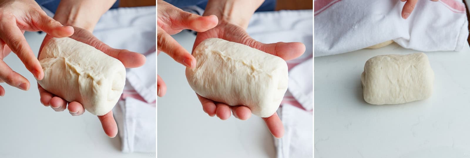 Pinch the seam to seal tightly. Place the dough log seam-side down under the damp towel. Repeat with the remaining pieces.Nami's Tip: Keep track of which piece you rolled last.