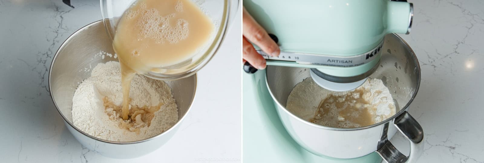 Pour the yeast mixture into the well, scraping out every last drop. Fit the stand mixer with the dough hook and lock the bowl into place.Note: Set the empty glass bowl aside—you’ll use it to proof the dough later.