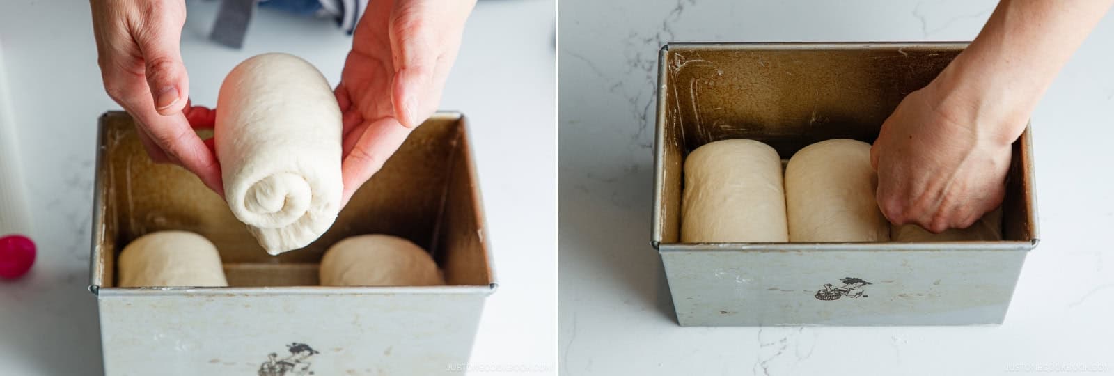 Place the last dough log seam-side down between the first two. The swirl can face either way. Gently press the tops so they rise at the same rate. If one looks much taller than the others, give it an extra gentle pat down to even out the height.