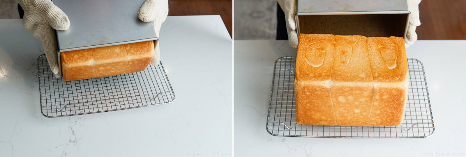 Turn the loaf pan on its side over a wire rack and shake firmly until the loaf slides out. Cool completely for 2–3 hours before slicing. Slicing while hot lets moisture escape, which dries out the bread and ruins the soft textureNami's Tip: Do not wash your shokupan loaf pan! Simply wipe it down with a dry paper towel to remove grease or crumbs. If you must rinse it, dry it immediately and re-season it. Never soak it or leave it wet.