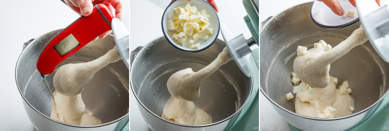 Add 28 g unsalted butter (cut into small cubes for faster incorporation). Nami’s Tip: Check your dough temperature before adding butter—it should be below 79°F/26°C. In summer, use cold butter to help keep the dough cool and prevent overheating (cold butter can bring the dough temp down to ~77°F/25°C); use room temperature in winter.Why add butter last?