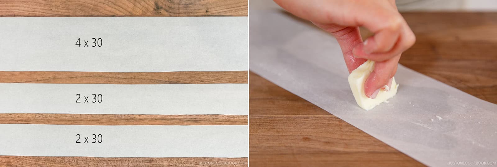 Use a 9-inch (23-cm) x 4 inch (10 cm) cake pan. Cut one circle of parchment paper 9 inches (23 cm) in diameter (or use a 9-inch round parchment cake liner) and one rectangular strip 4 x 30 inches (10 x 76 cm). Cut two straps 2 x 30 inches (5 x 76 cm) each to use to lift the baked cake from the pan.
