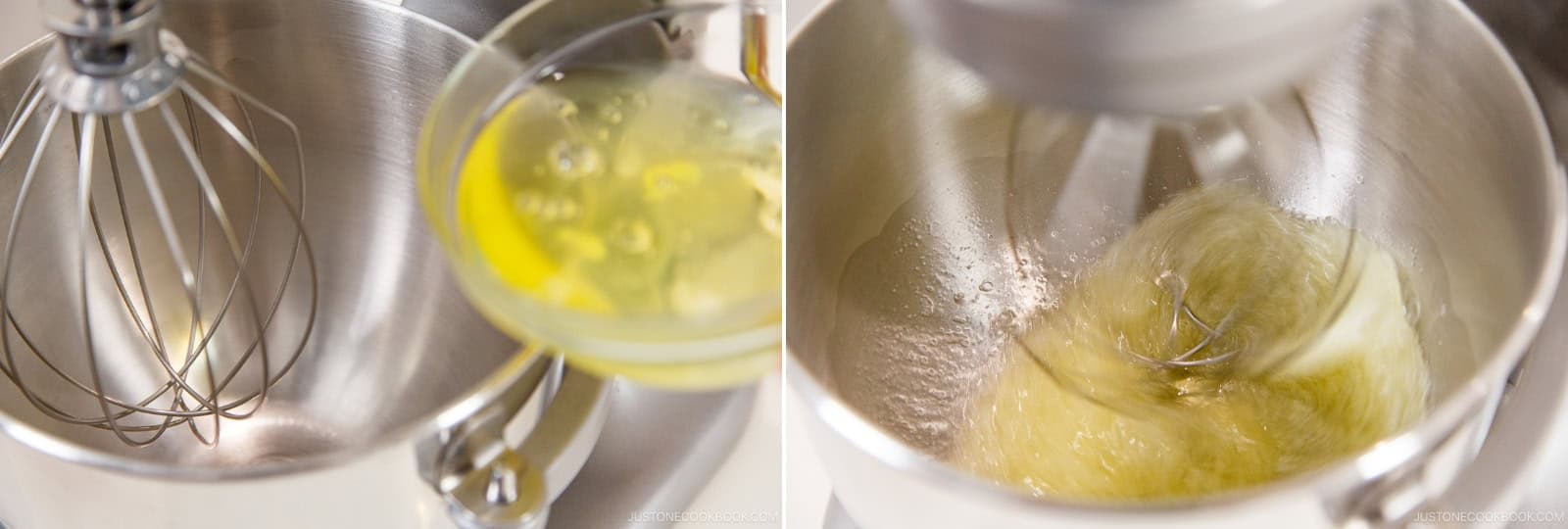 Add the cold egg whites to the cold, dry, and clean stand mixer bowl. Start on low (Speed 2) for 30 seconds to break down the egg whites and loosen their structure. Increase to medium (Speed 4) for 2 minutes until they become opaque, foamy, and bubbly. Slowly add ½ cup sugar, one-third at a time, while mixing.Nami's Tip: Use a clean and dry mixing bowl and beaters. A speck of oil, water, or egg yolk can minimize the volume of the beaten whites.