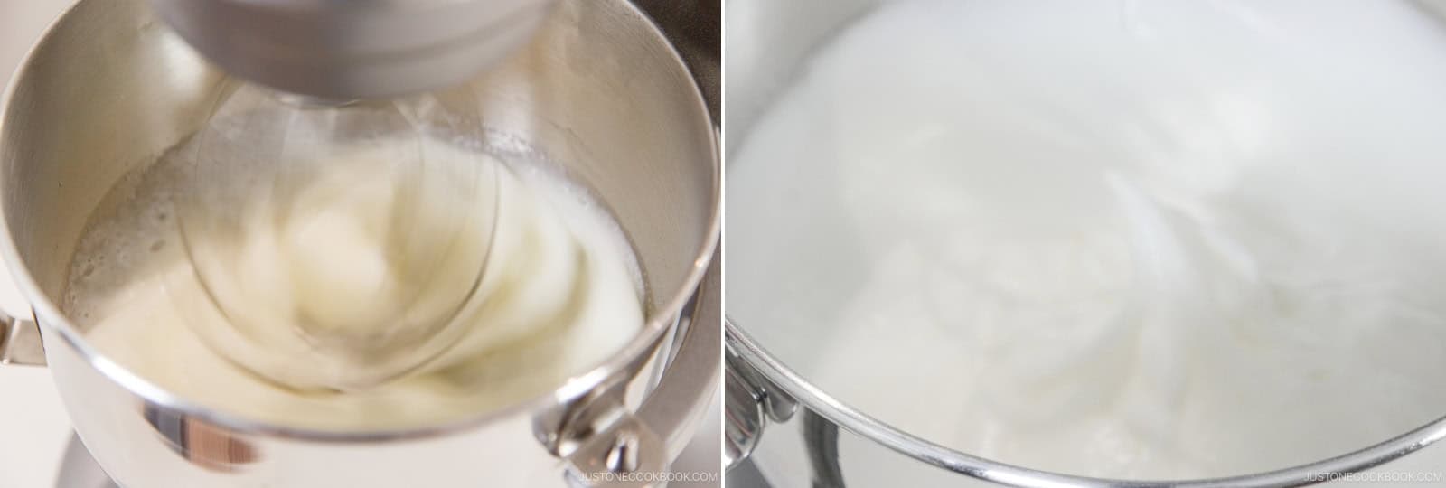 Increase the speed to medium high (Speed 6–8) and beat the egg whites to firm peaks. Stop the mixer to check: When you lift the whisk upright, the egg whites should cling and hold their shape with the tip folding back on itself.
