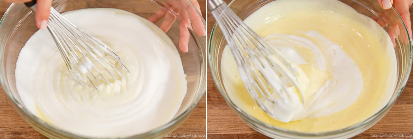 Add one-third of this meringue to the cream cheese mixture and whisk until incorporated. Fold in another one-third of the egg whites.