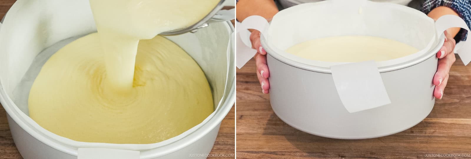 To minimize air pockets, pour the batter into one spot in the cake pan in a steady stream. Tap the pan on the counter a few times to release any trapped air.