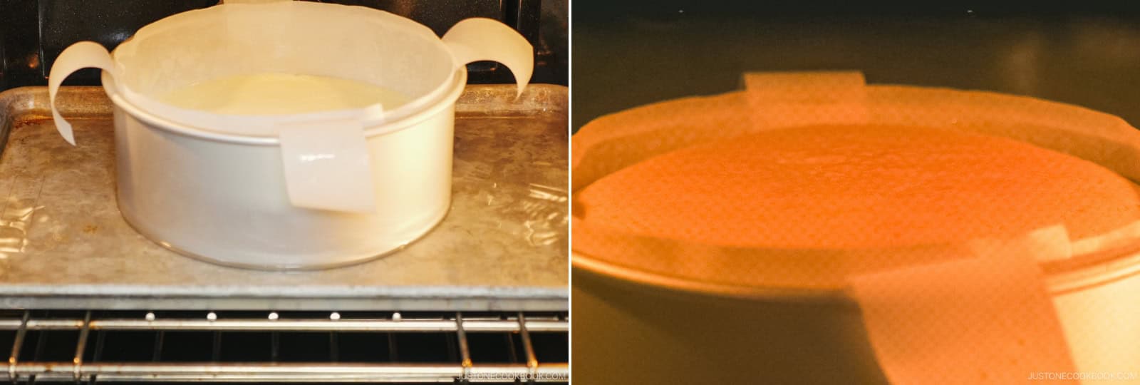Quickly open the oven and place the cake pan on the baking sheet with the hot water bath. Reduce the oven temperature to 320ºF (160ºC)—25ºF (15ºC) lower for a convection oven—and bake for 70–75 minutes. Reduce the oven temperature to 300ºF (150ºC) and bake for 10 minutes more until the top is golden brown. Open the oven door slightly to quickly test for doneness. If an inserted skewer comes out without wet batter, it‘s done, but leaving the cake inside.