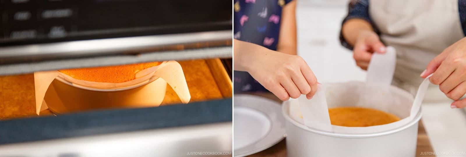 Turn off the heat and leave the cake inside the oven with the door slightly ajar for 15–20 minutes. Remove the cake from the oven. Lift the cheesecake from the cake pan using the two parchment straps—an extra set of hands helps here.Nami's Tip: If you immediately remove the cake from the oven, the soufflé could collapse from the sudden temperature change. While cooling gradually in the oven, the cake's height will slowly shrink from about 4 inches to 2 inches.