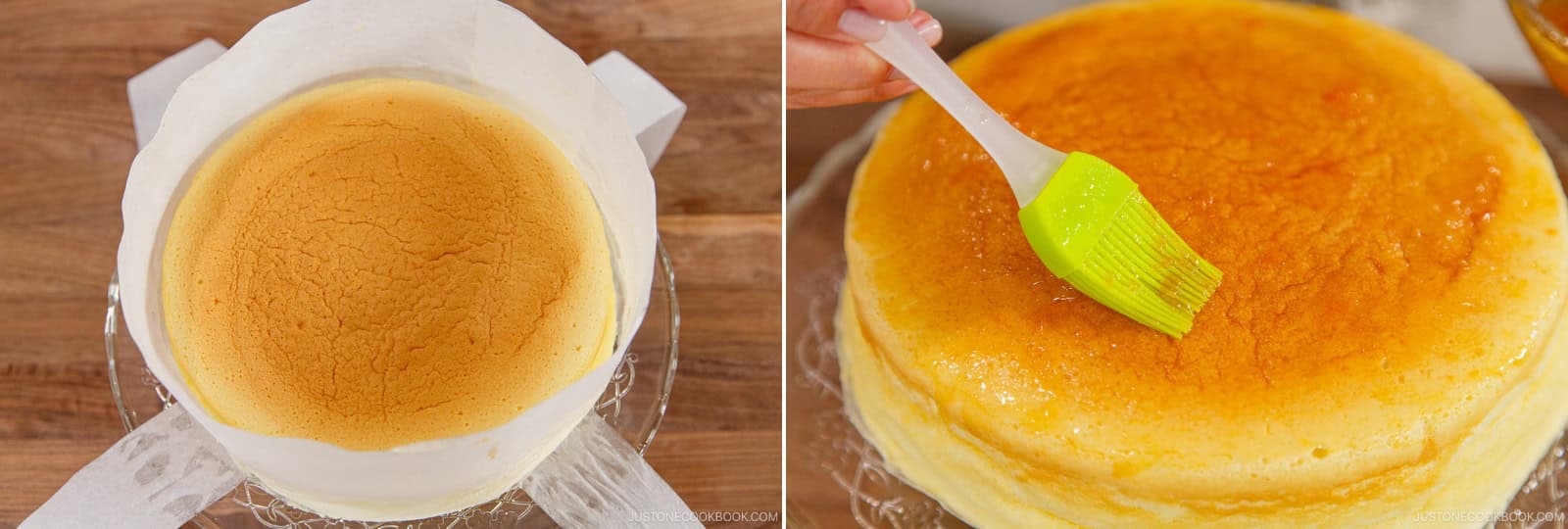 Place the cake on a platter. Peel away the parchment paper from the sides (leave the bottom paper). Mix 2 Tbsp apricot jam and 2 tsp hot water in a small bowl and gently brush it on top of the cake. Cool to room temperature, then chill in the refrigerator for at least 4–6 hours or overnight. Nami's Tip: Chilled cheesecake has a creamy yet light texture, with a perfectly balanced flavor.