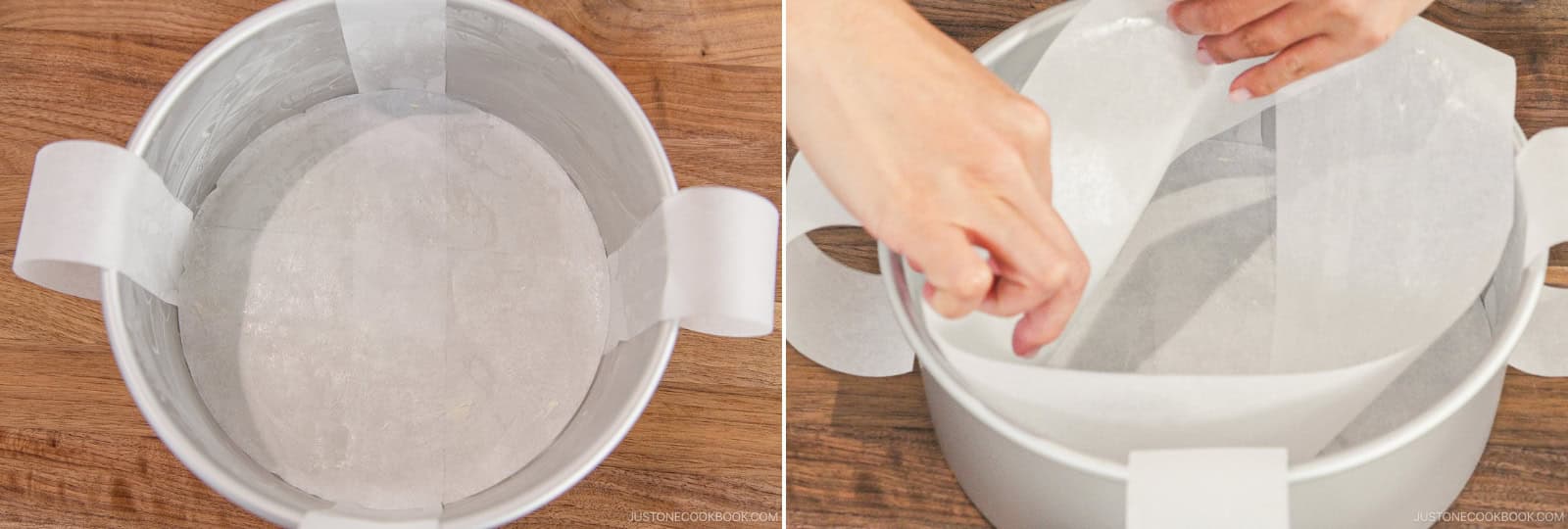 Crisscross the two straps on the bottom of the pan to form an “X" and let the excess hang over the edges. Line the paper circle on the bottom and the strip on the sides, keeping the greased side touching the pan.