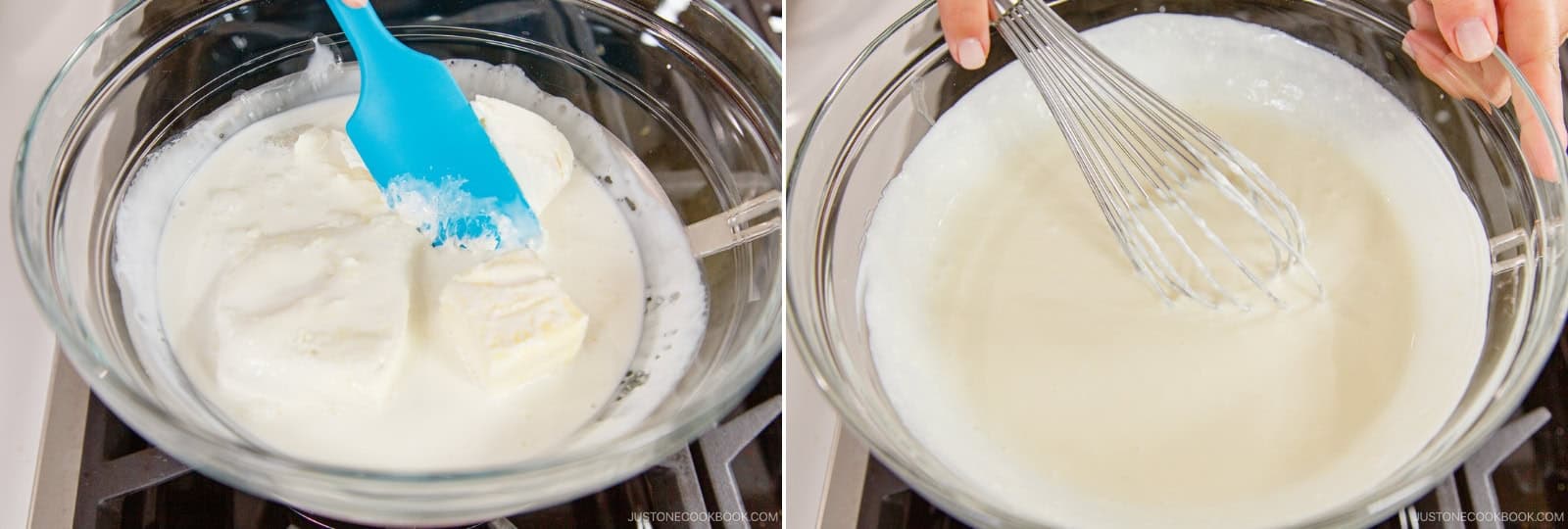 Mash the cream cheese and butter with a silicone spatula until soft, then whisk the mixture until smooth and combined. Remove from the heat.