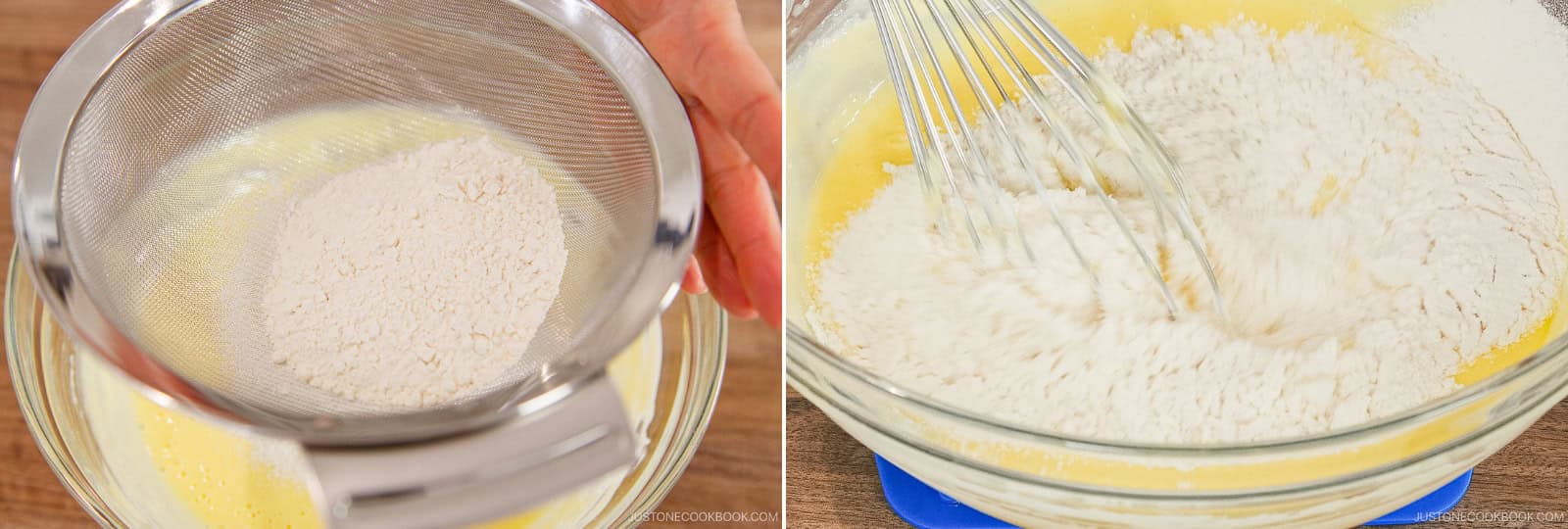 Sift ⅔ cup cake flour into the batter with a fine-mesh strainer. Whisk until no dry streaks remain.