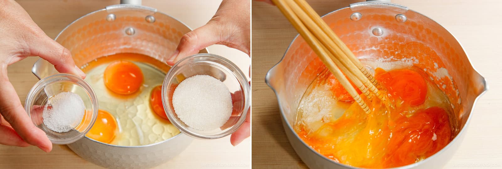 With the heat still off, combine 3 large eggs (50 g each w/o shell), 1 Tbsp sugar, and ¼ tsp Diamond Crystal kosher salt in another cold medium saucepan. Beat the eggs with long cooking chopsticks until the sugar is completely dissolved and the mixture is uniform. Nami's Tip: See Notes at the end for why we use saucepans.