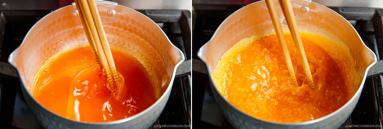Turn the heat to medium-low. Cook the egg mixture, stirring constantly with 3 long cooking chopsticks, scraping the cooked egg from the bottom and sides of the saucepan.