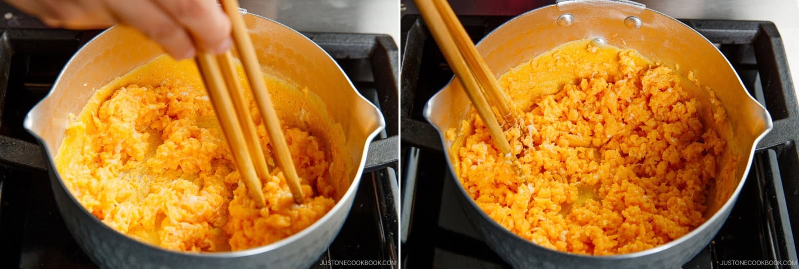 The eggs can overcook quickly—watch closely. Break up any large curds as you stir, cooking until the eggs are just barely set and look moist, not dry. Remove from the heat immediately.
