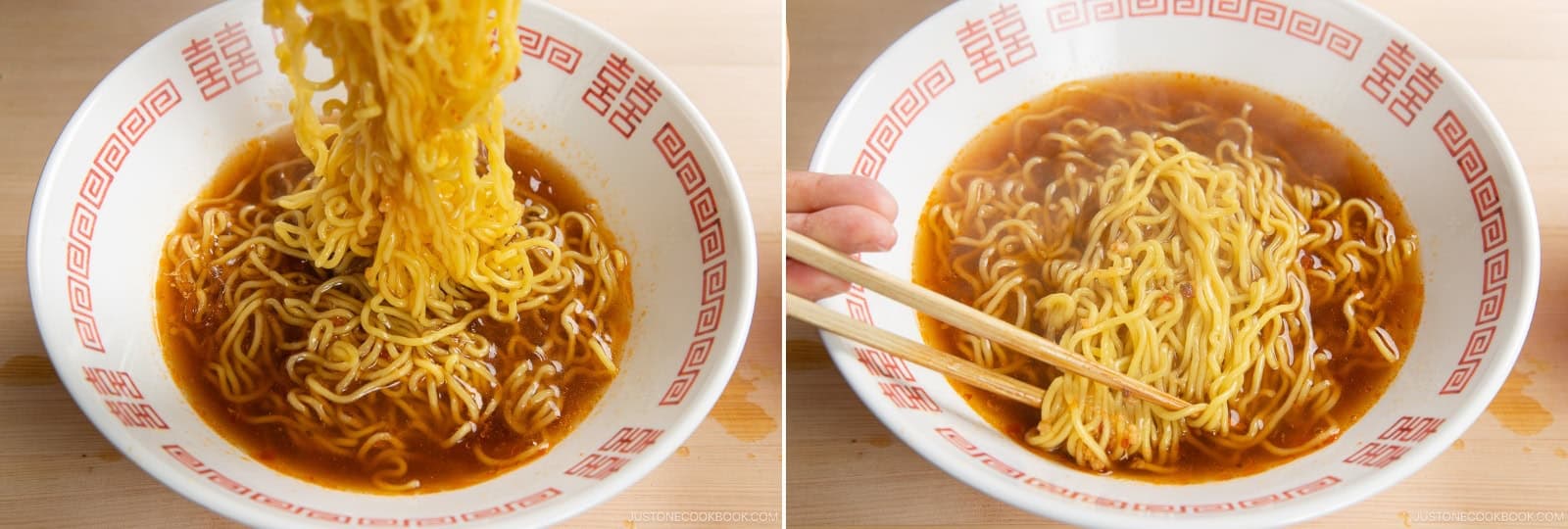 Now, arrange the noodles. Lift the soup-soaked noodles high with chopsticks and straighten them. When aligned, fold them from one edge of the bowl over themselves to form a clean, beautiful bundle.