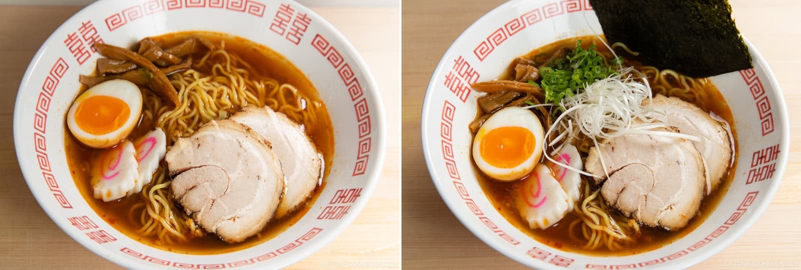 Quickly arrange the prepared toppings on the noodles. Serve immediately and season to taste with additional white pepper powder and optional la-yu (Japanese chili oil).