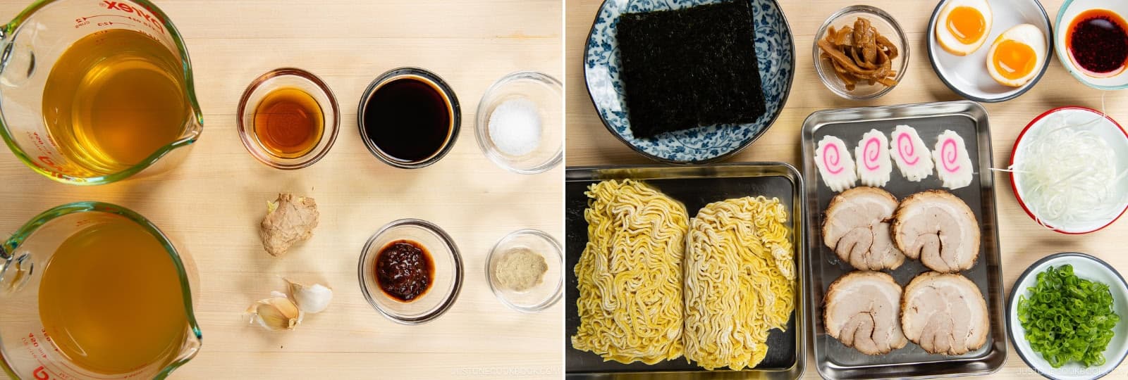 Gather all the ingredients. Nami's Tip: A typical ramen bowl holds 1200–1400 ml. Plan for 1½ cups (360 ml) of broth per bowl. Using larger bowls? Be sure to prepare extra broth to fill them properly.