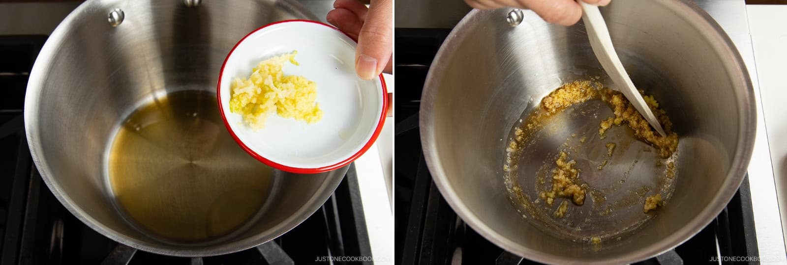 Set a small saucepan over medium-low heat. Add 1 Tbsp toasted sesame oil, the garlic, and the grated ginger with juice. Cook until fragrant, about 1–2 minutes.Nami's Tip: Feel free to adjust the amount of aromatics to your taste, and be careful not to burn them.