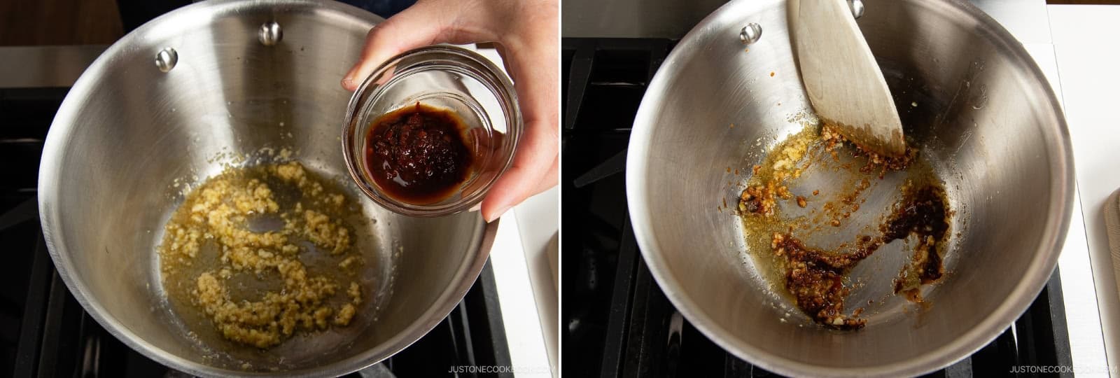 Add 2 tsp doubanjiang (spicy chili bean paste) and stir for 15 seconds.