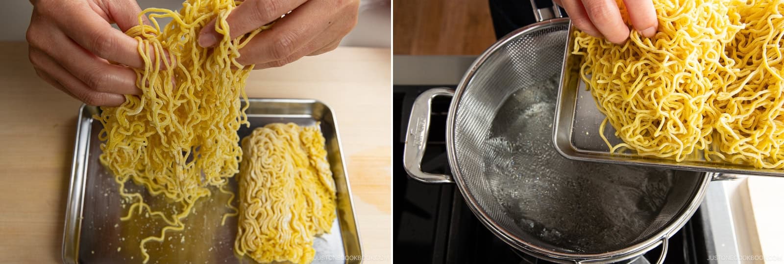 Before cooking, loosen up 2 servings fresh ramen noodles with your hands. Once the pot of water is boiling, add the noodles and cook according to the package instructions. Here, I cook them in a big noodle strainer set inside the pot.
