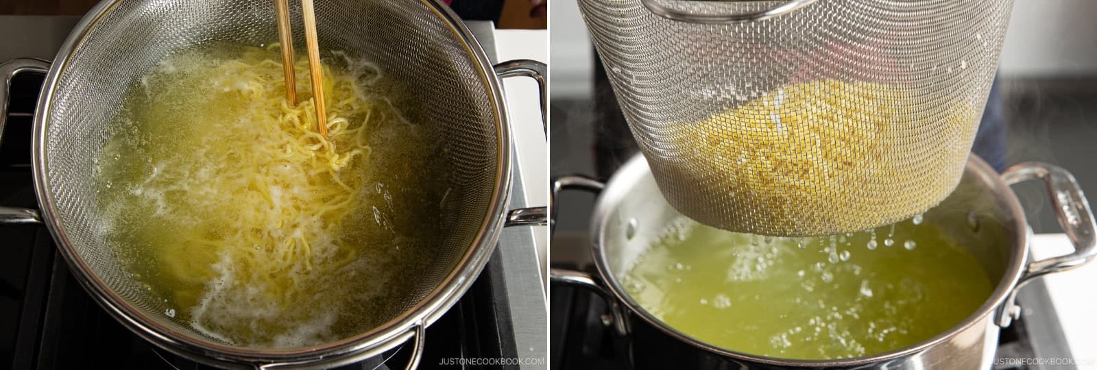 While cooking, stir and separate the noodles with chopsticks. When the noodles are done, drain in a strainer, shaking it a few times to drain off the excess water (otherwise it will dilute the soup broth).