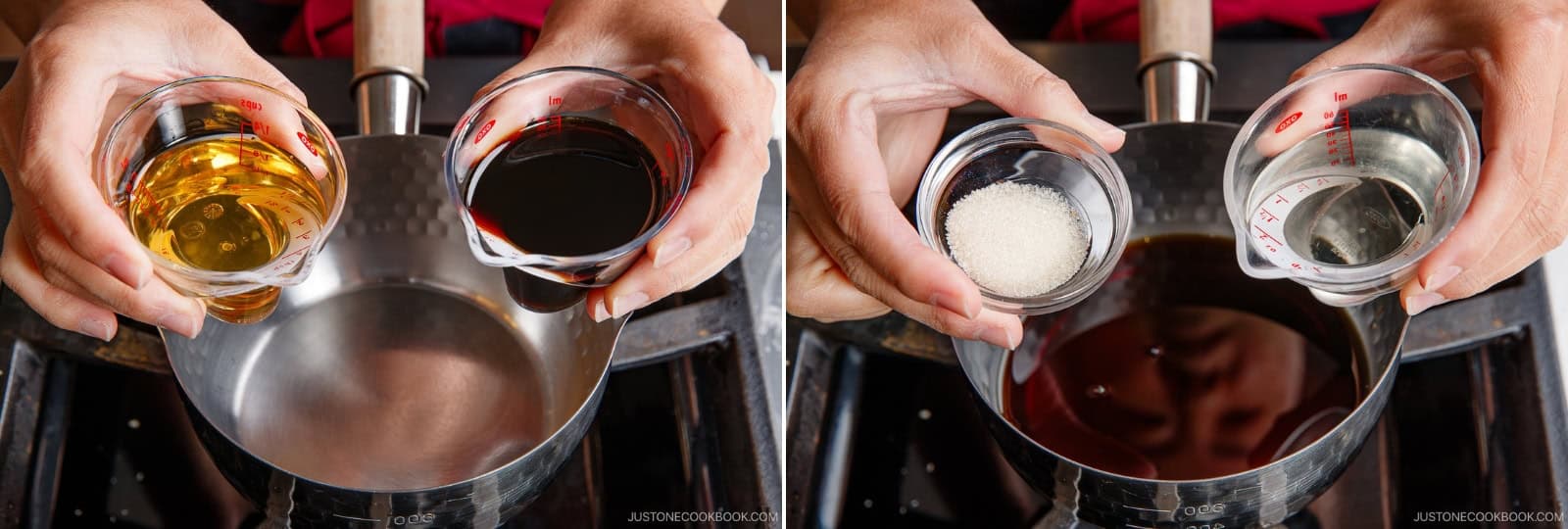 Combine ¼ cup soy sauce, ¼ cup mirin, ¼ cup sake, and 1 tsp sugar in a small saucepan. Whisk to dissolve the sugar completely. Bring it to a boil, then lower the heat. Simmer for 1 minute. Turn off the heat. Set aside to cool completely.