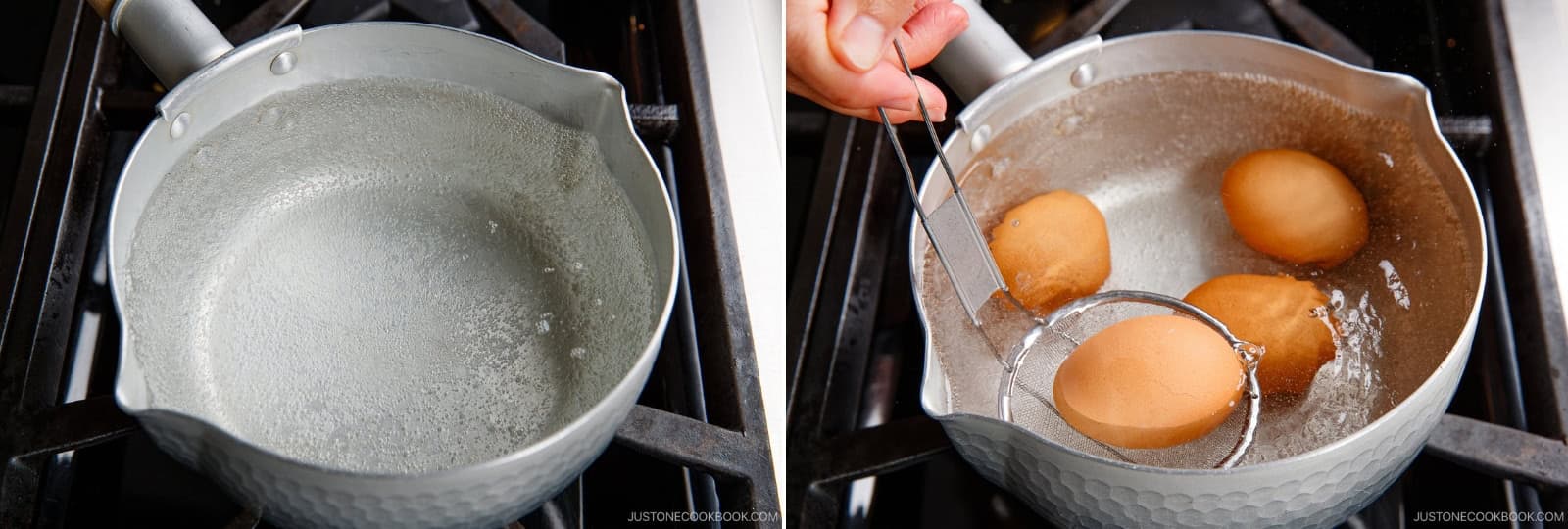 Add 4 cups (1L) water to a saucepan. Make sure there's enough water to cover the eggs by 1 inch (2.5 cm) once added. Bring the water to a full boil.Remove 4 large eggs (50 g each w/o shell) from the fridge. Gently lower one egg at a time into the boiling water with a ladle or strainer. When you add the first egg, set a timer for 7 minutes.Nami's Tip: If you prefer runny yolks, cook for 6–6½ minutes. For custard-like yolks, cook for 8–9 minutes.