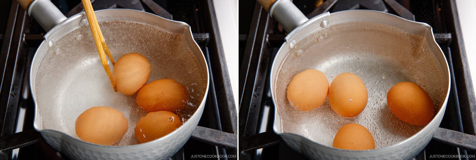 Keep the water simmering gently, not bubbling vigorously. Don't let the eggs bounce around. Nami's Tip: Gently rotate the eggs with chopsticks during the first 3 minutes if you want to keep the yolks centered.