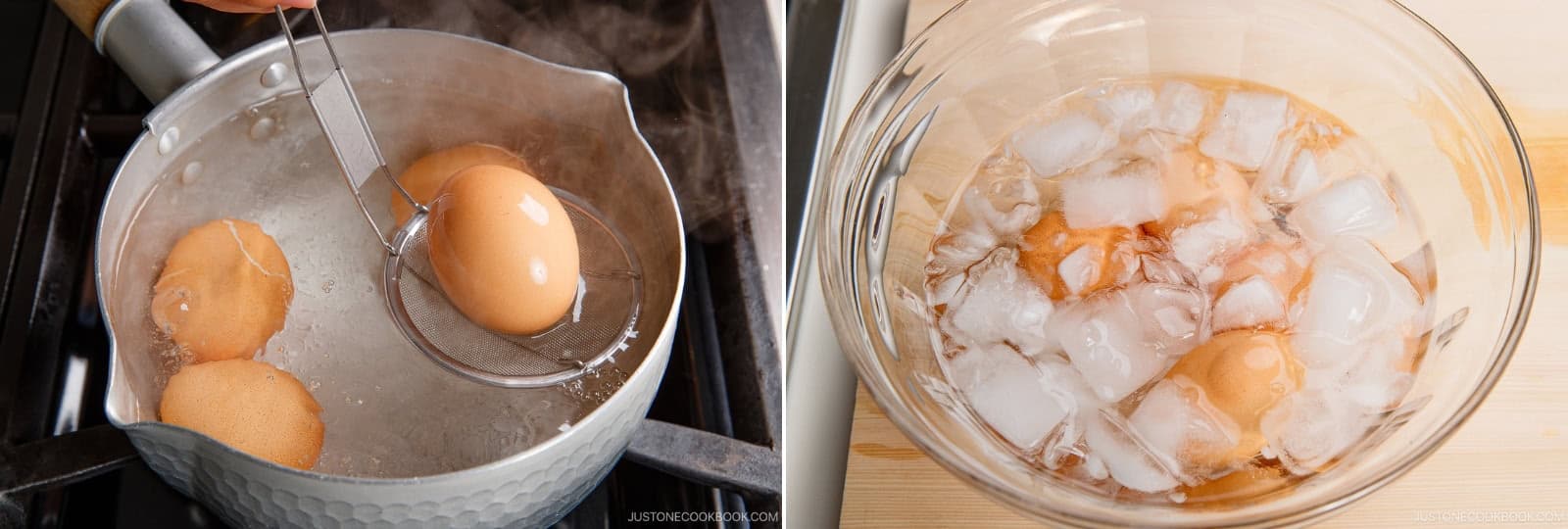 After 7 minutes, promptly remove the eggs. Submerge them in a bowl of iced water for 15 minutes until cooled completely.