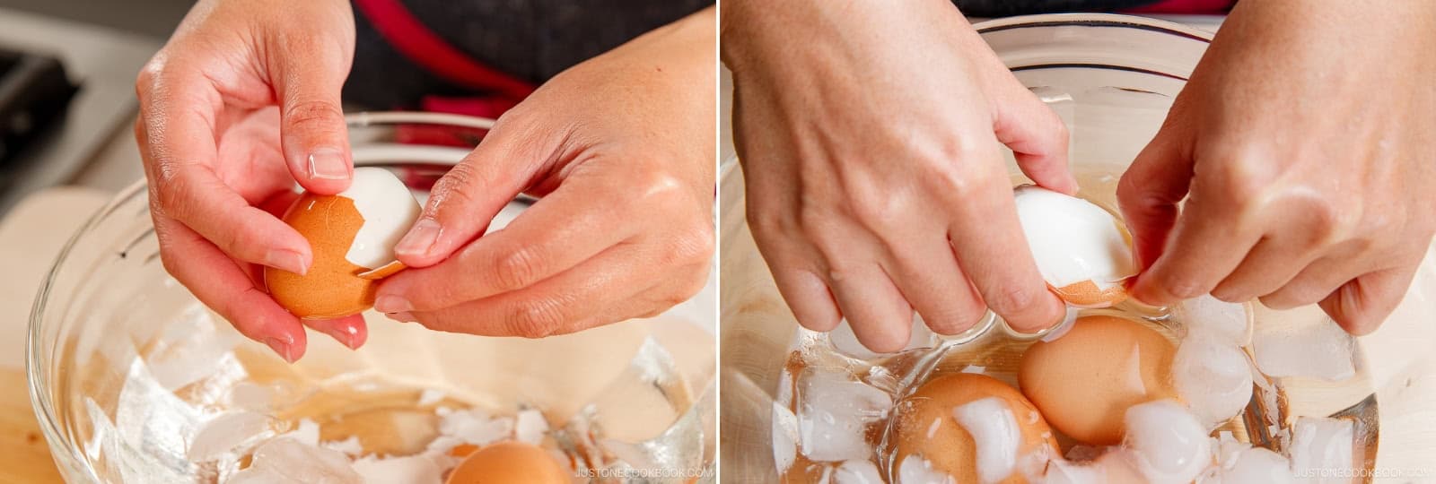 Gently crack the eggshell at the wide bottom end. Start peeling it vertically toward the pointy top. Dip the egg in the iced water a few times to help with peeling.Nami's Tip: Once you peel one section vertically, the rest of the shell comes off easily.