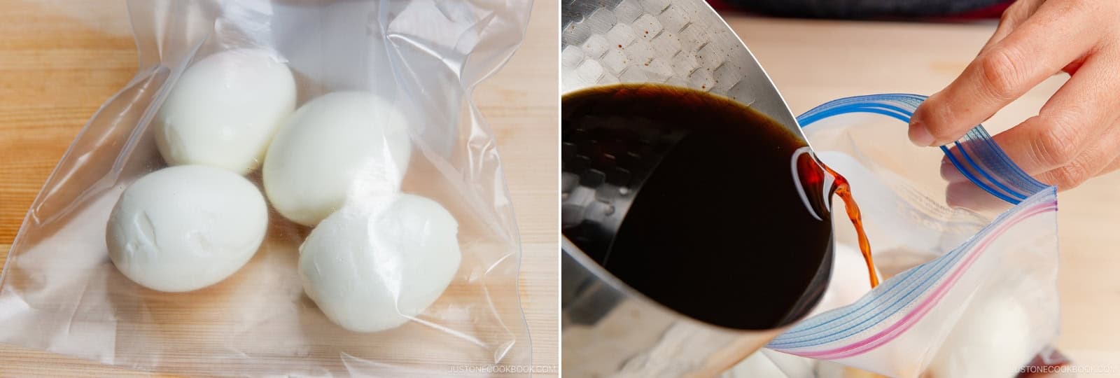 Place the peeled eggs in a plastic bag. Add the cooled marinade. Nami's Tip: Why do I recommend a plastic bag instead of a container? It requires less marinade to submerge the eggs. Prepare no more than what you need, since we can only use this marinade once for food safety.