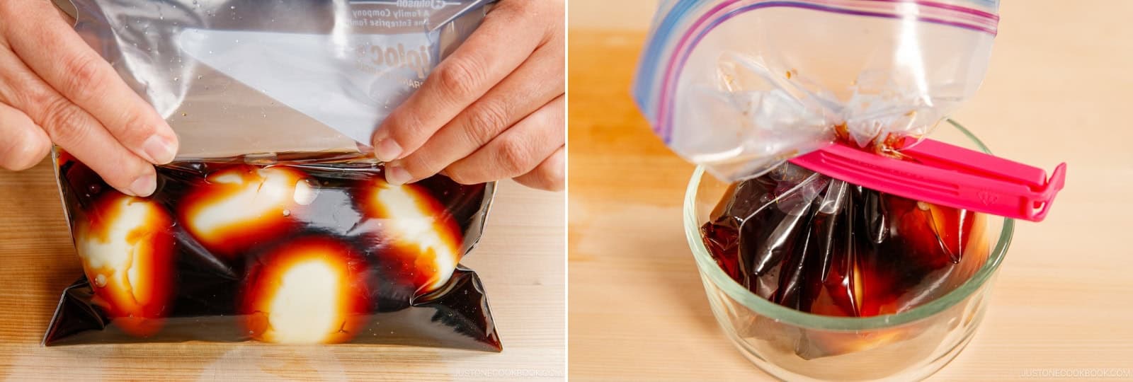 Remove the air from the bag. Seal the bag right above the eggs with a clip or rubber band to keep them completely submerged. Refrigerate for 8 hours or overnight. Rotate the eggs occasionally, if you like.Nami's Tip: Marinate the eggs no longer than 12–24 hours or they will get too salty.