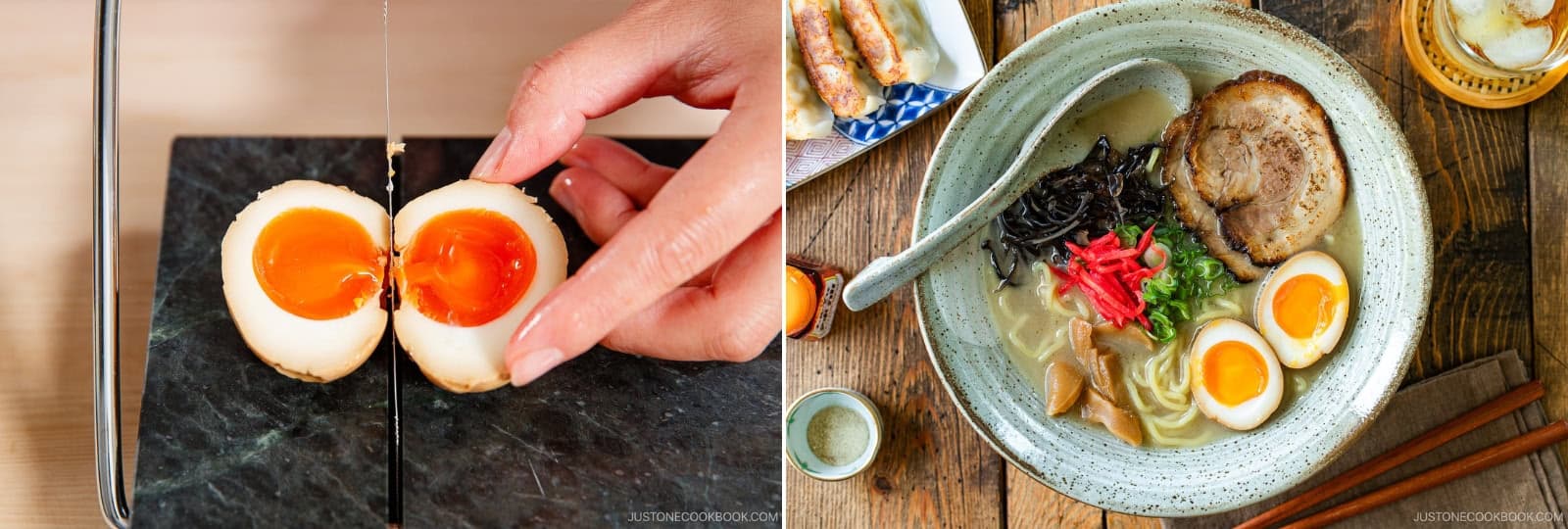 Remove the eggs from the marinade. Cleanly cut them in half lengthwise with a fishing line or wire cheese slicer. If you want to warm them, first soak the bag in warm water to bring up the temperature.Enjoy Ramen Eggs in bento, as a easy tonkotsu ramen topping, or as a snack sliced in half and sprinkled with furikake (rice seasonings) and shichimi togarashi (Japanese seven spice).