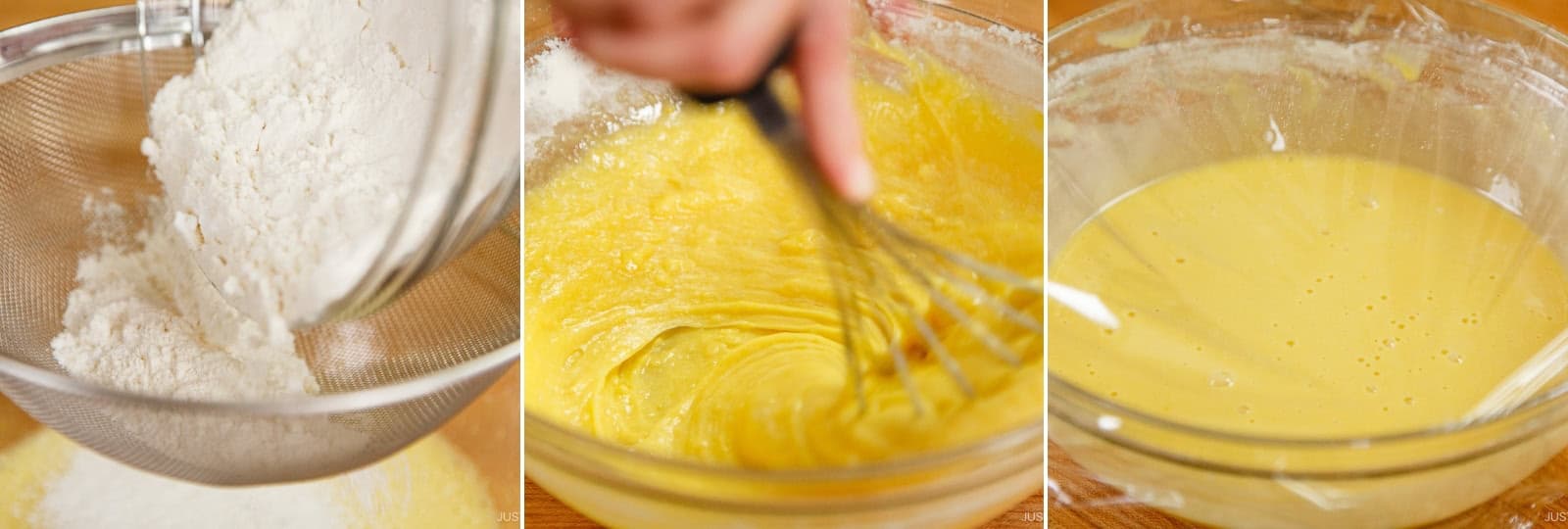Sift 1⅓ cups all-purpose flour (plain flour) and 1 tsp baking powder into the egg mixture. Fold until no dry streaks remain. Refrigerate the batter for 15 minutes to 1 hour.Nami's Tip: The batter will smooth out as the gluten relaxes.