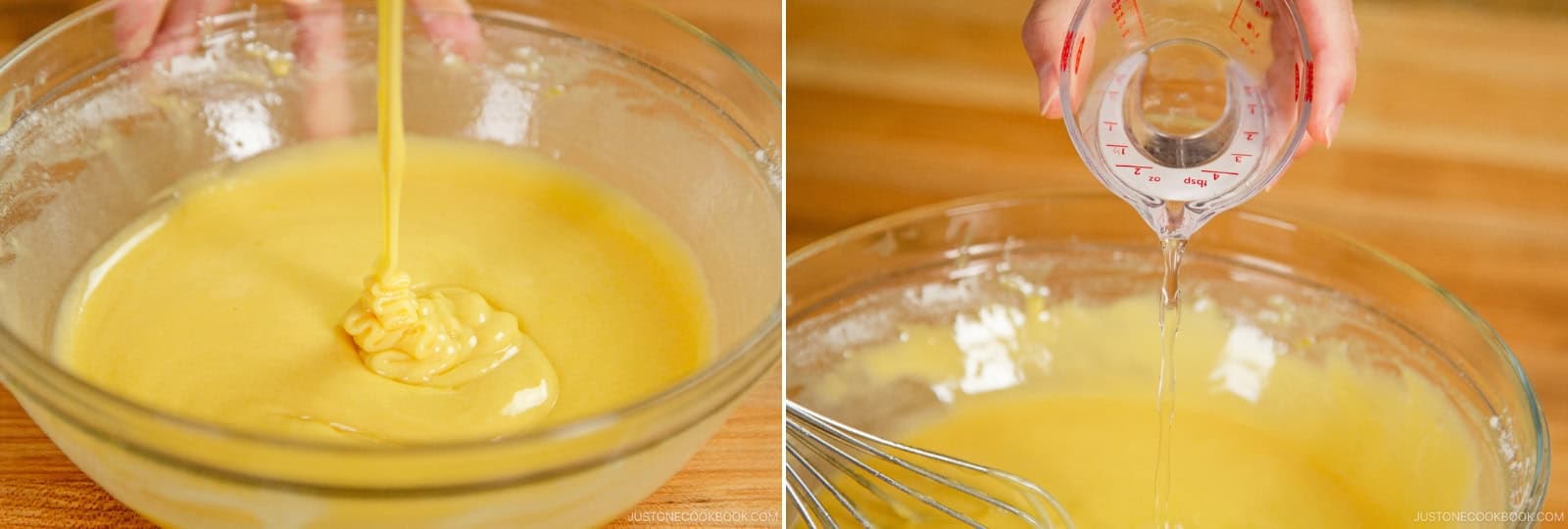 Stir in 1 Tbsp water and check the consistency. It should flow like pancake batter. If it's too thick, add up to 1 Tbsp more. Nami's Tip: The water amount will vary based on the weight of the eggs and flour.