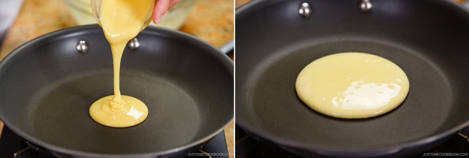 Place a damp towel on the counter. Preheat a large nonstick frying pan over the lowest heat for 5 minutes. Set it briefly on a damp towel to eliminate hot spots. Increase the heat to medium low.Keep the pan very lightly oiled. Dip a paper towel in neutral oil, coat the pan, and wipe off any excess with a clean paper towel. Cook one pancake at a time. Scoop 3 Tbsp of batter with a ladle or ¼ cup measuring cup. Pour from about 3 inches (8 cm) above the pan to form a 3-inch (8-cm) round.