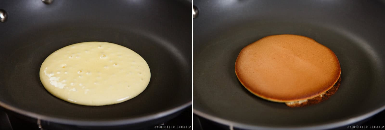 When bubbles form on the surface, about 60–90 seconds in, flip the pancake with a spatula. Cook the other side for 20–30 seconds, until edges look dry and set, and the underside is golden brown. Transfer the dorayaki to a plate, pretty side up. Loosely cover with a tightly wrung damp towel to prevent them from drying out. Continue cooking the remaining batter, greasing and wiping the pan between each pancake.