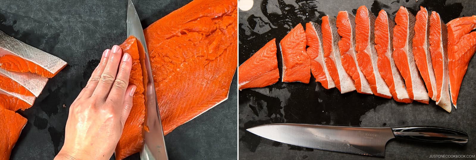 If you're using pre-cut fillets, jump to the "To Salt the Salmon" section below. To cut fillets from a side of salmon, follow my detailed instructions with photos in How to Cut Salmon into Japanese-Style Fillets. Place a side of salmon skin side down with the narrow tail end to your left and cut off the narrowest part. Tilt your knife back 30 degrees and slice the salmon diagonally toward the tail into fillets about 1 inch (2.5 cm) thick.