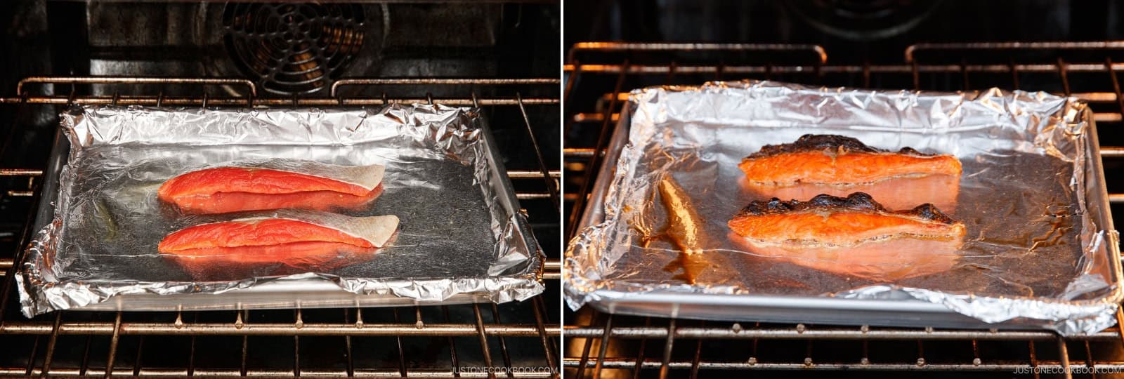 Broil the salmon for 8–10 minutes, until well done—it should be flaky and more dry. No need to flip it.Nami's Tip: The cooking time varies depending on the thickness of the fish and the distance between the broiler and the food.