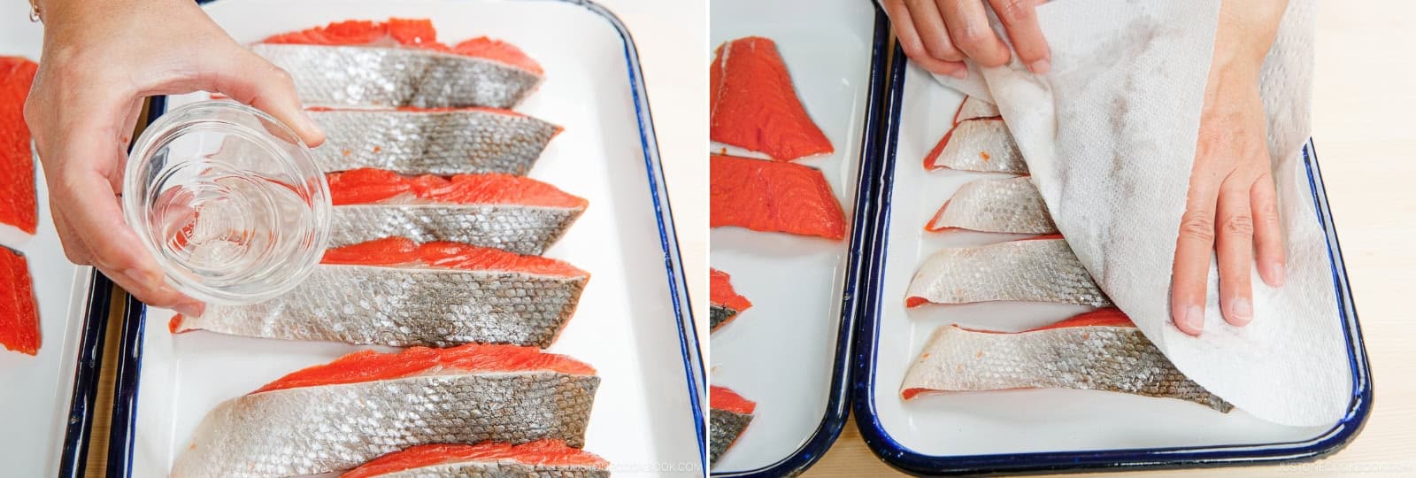Sprinkle 1–2 Tbsp sake over 1.3 lb skin-on Japanese-style salmon fillets. Turn to coat all sides. Let sit for 10 minutes. Pat the salmon dry with a paper towel.