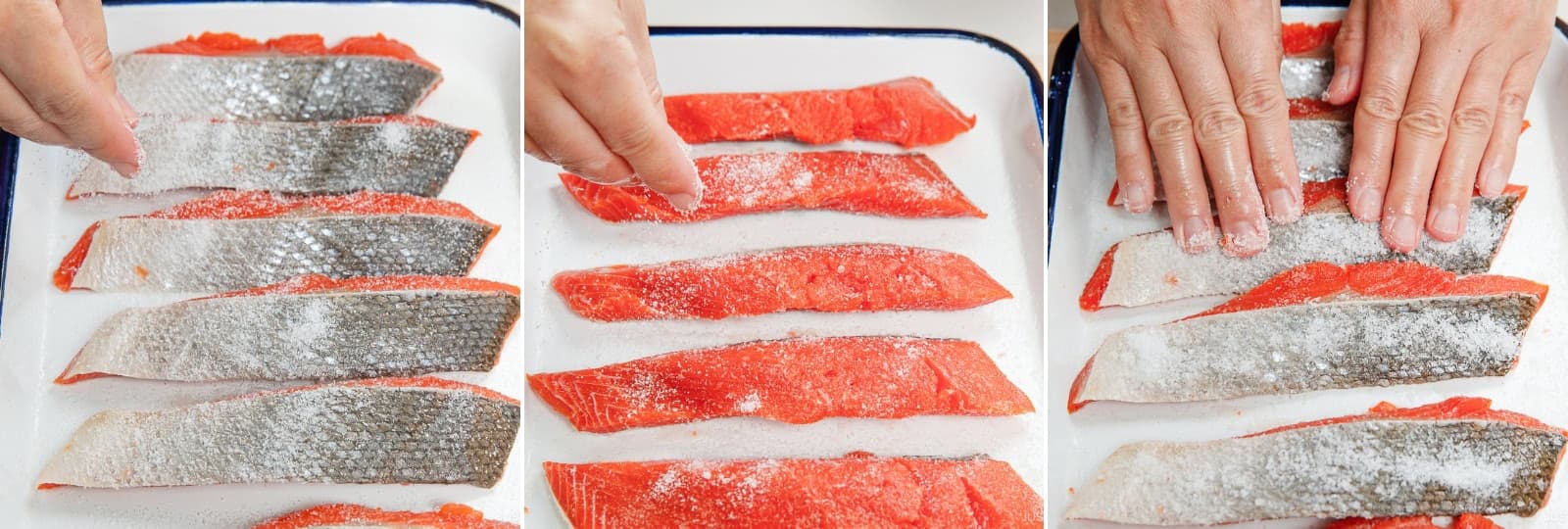 Sprinkle some of the salt on the skin, then the remaining salt on both sides. Press any leftover salt onto the skin.Nami's Tip: I use 5% of the salmon's weight in salt. In Japan, the salt concentration ranges from 3–8% or more; see my blog post for more information.
