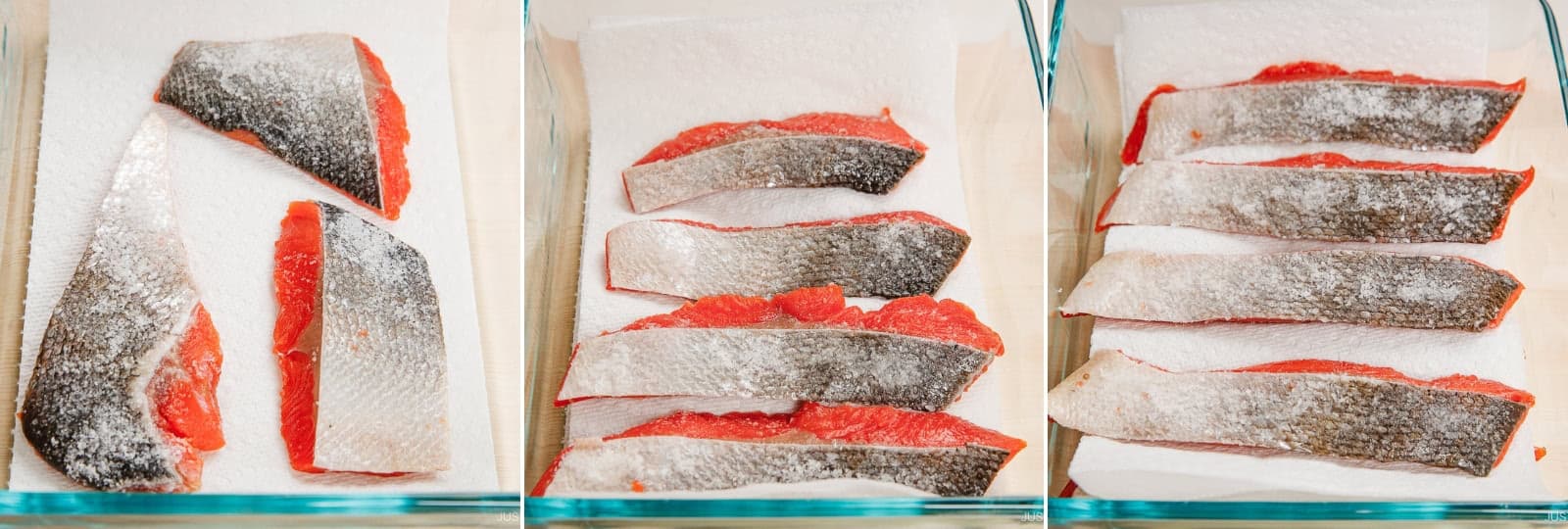 Line the bottom of an airtight container with a paper towel to absorb moisture. Place a few salted fillets skin side up in a single layer in the container, then place another paper towel on top. Repeat for the second and third layers.Nami's Tip: The salt will draw out the moisture from the salmon.