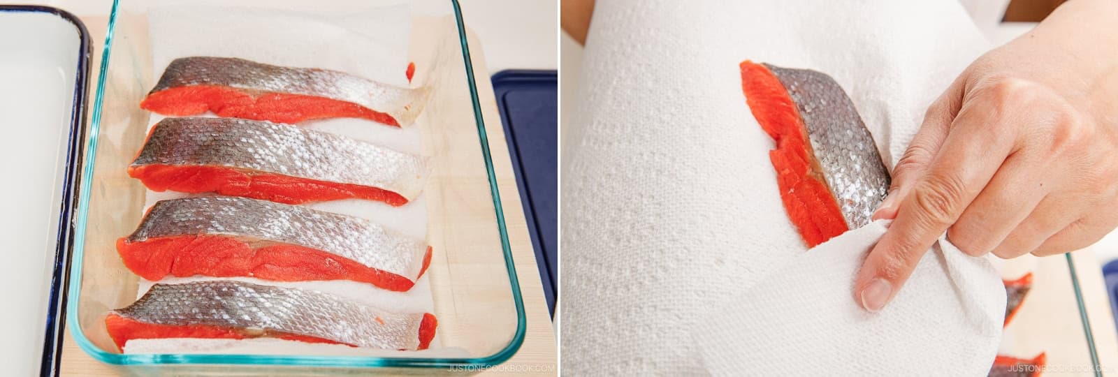 Open the container after 2 days and discard the wet paper towels. The fillets will be darker and firmer. Gently pat them dry with a clean paper towel. The salted salmon fillets are now ready to use. To cook them now, jump to the “To Broil“ section. To freeze the fillets to use later, see the next step.
