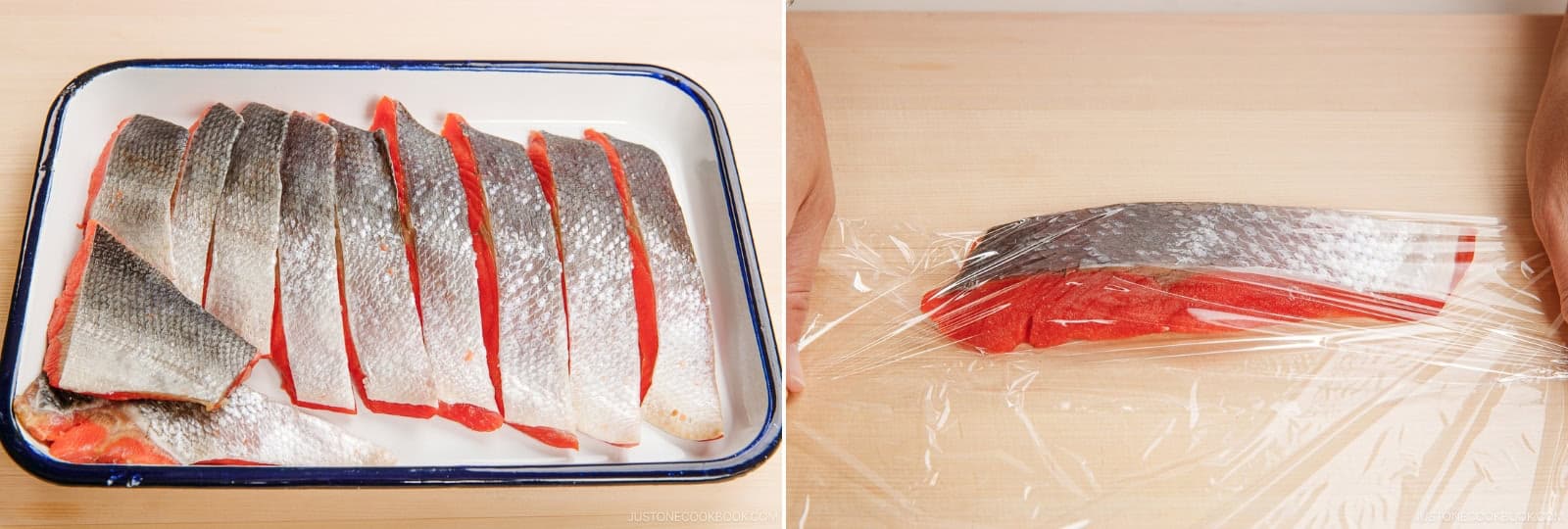 Wrap the cured salmon fillets individually or in pairs to freeze and cook later. To wrap two fillets together in the same sheet of plastic wrap, see the next step.Nami's Tip: I usually wrap two fillets together, as I often need two for bento boxes or four for a family meal.