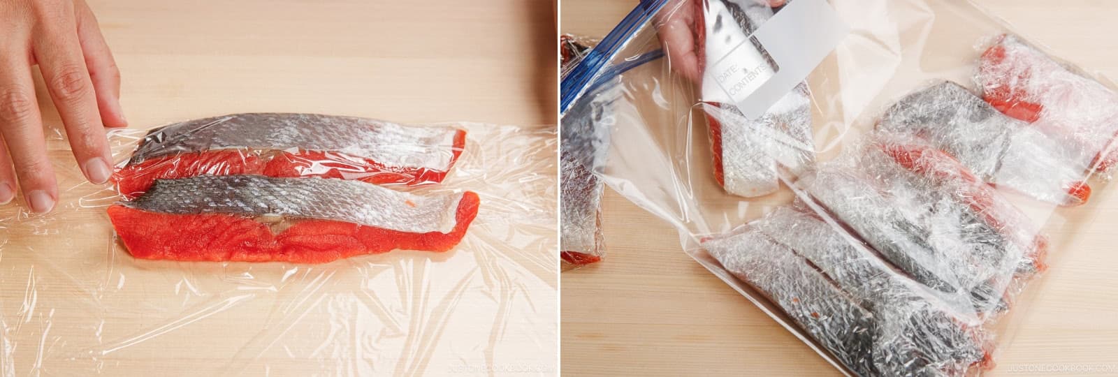 To wrap two fillets together, fold one corner over one fillet, covering it completely. Place the second fillet next to it, separated by the plastic layer. Roll both tightly in the plastic wrap. Wrap the rest of the fillets, put them in a freezer bag, and store in the freezer for up to 1 month. Nami's Tip: Separating the fillets with a layer of plastic wrap keeps them from fusing together when frozen. This is helpful when you need to take out just one frozen fillet.