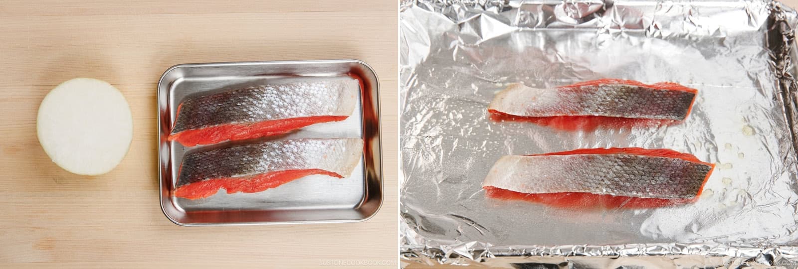 Gather all the ingredients. Place the oven rack in the center position, about 9 inches (23 cm) away from the top heating element. Preheat the oven broiler on High (550ºF/288ºC) for 5 minutes. Line a baking sheet with aluminum foil and apply a thin coat of (spray) cooking oil. Place the salmon on top, skin side up (for crispy skin). Nami's Tip: I use foil for easy clean up. When broiling, you don‘t control the temperature in the oven.