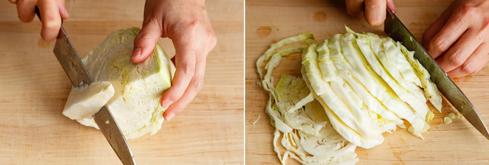 Cut the thick core from ¾ lb green cabbage and cut the leaves into ⅓-inch (1 cm) strips.