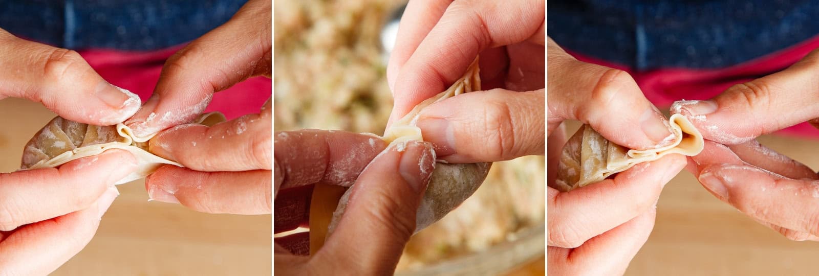 Left side: To the left of top center, fold a pleat leaning toward the center into the top half of the wrapper using your left thumb and index finger. Tightly press the folded pleat against the back half of the wrapper using your right thumb and index finger. Fold 2–3 more pleats along the left side every ¼ inch (6 mm).